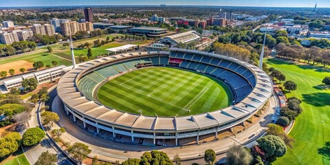 Aerial view of an Aussie Rules Football stadium on a sunny day , sports, Australian, stadium, field, game, players