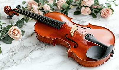 Fototapeta premium Viola on marble with flowers, romantic setting, potential music ad.