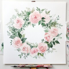 Watercolor Floral Wreath with Pink Roses