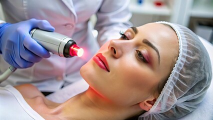 Close-up of laser skin resurfacing procedure, showing a laser device being used on a person's face
