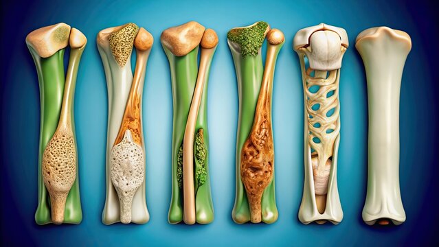 A detailed of different types of bone fractures including greenstick, comminuted, and spiral fractures , bone