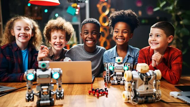 Diverse children working together on AI toys and robotics project at school