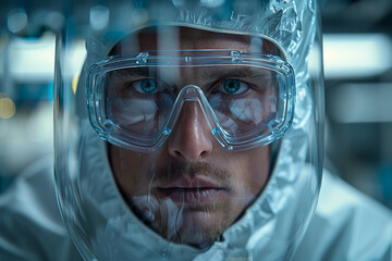 Man in chemical protective suit and gas mask in laboratory generative AI