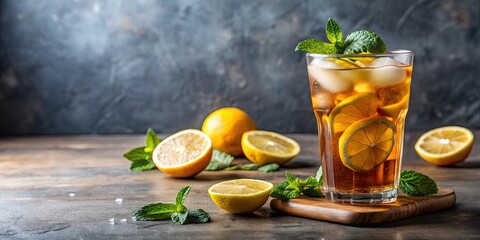 Glass of refreshing iced tea with lemon and mint , drink, beverage, cold, summer, chilled, refreshing, tea, iced, lemon, mint