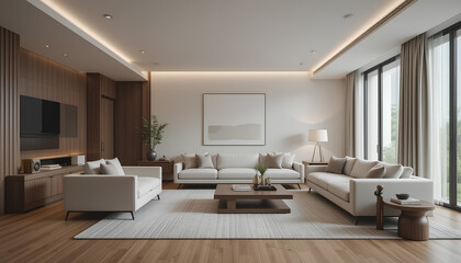 Fototapeta premium Modern minimalist living room with neutral tones, featuring white sofas, wooden accents, and large windows.