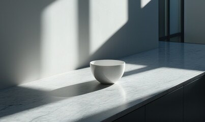 White bowl on marble kitchen counter with window light shadows.