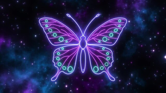 butterfly neon lights in the space with shiny glowing stars meditaton animation,shiny stars, relaxing spiritual motion background	