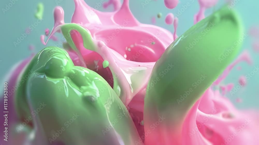 Fototapete Animation with glossy streams of pink and green liquids that intertwine in the center. Realistic splashes create a dynamic effect on a contrasting blue background