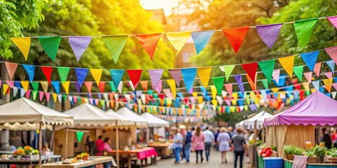 Outdoor market scene with colorful bunting, outdoor, market, scene, colorful, bunting, decorations, vibrant, festive