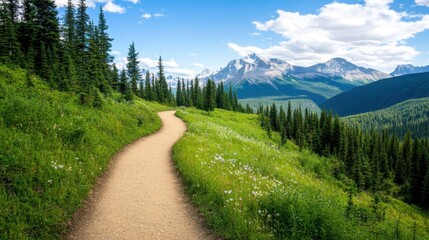 Obraz premium Scenic Mountain Pathway Through Lush Green Landscape in Summer