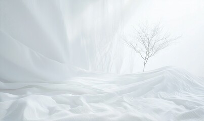 Obraz premium White draped fabric by window with bare tree in background, ideal product display.