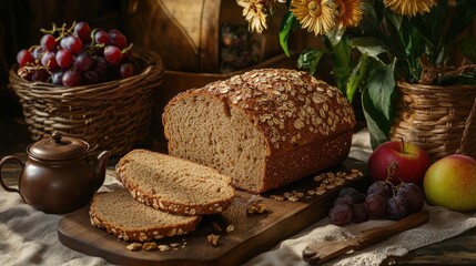 Wholesome Breakfast Spread, A rustic table adorned with warm whole-grain bread, vibrant fruits, and a steaming pot of herbal tea.