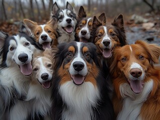 A joyful gathering of ten dogs, all smiling and posing together in a natural outdoor setting.