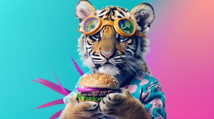 A tiger cub holding a hamburger in his hands with a vibrant aqua and vibrant pink background wearing goggles and a teashirt