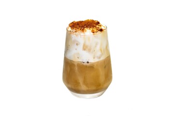 Cappuccino ice coffee served on sack with coffee beans spread around glass,isolation concept.