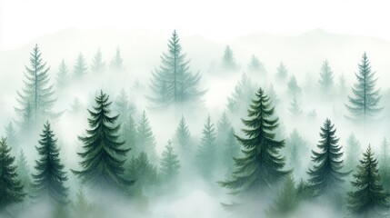 Misty Forest Landscape with Pine Trees and Soft Green Tones