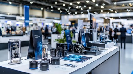 Product display highlights at industry exhibition showcase event modern venue close-up view technology innovations