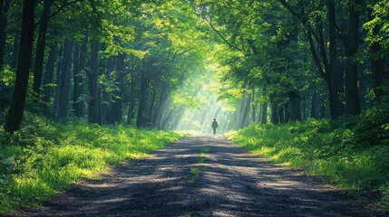 Fototapeta premium Solitude in the Forest: A Serene Journey Through Sunlit Woods