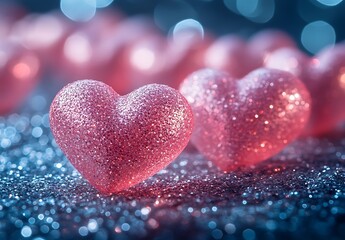 Fototapeta premium Group of Pink Hearts ob glittery blue surface Happy Valentine Day