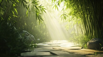 Sunlit Bamboo Grove, serene atmosphere, dappled sunlight filtering through vibrant green leaves, peaceful retreat in nature