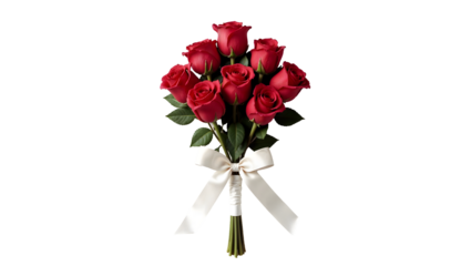 bouquet of fresh red roses with ribbon, PNG file of red roses isolated transparent background.