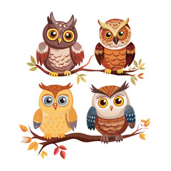 Colorful Owl Vector Illustration Set