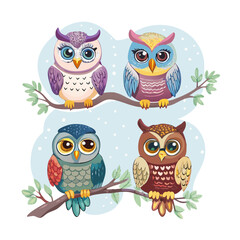 Fototapeta premium Colorful Owl Vector Illustration Set
