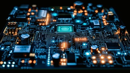 Obraz premium Circuitry Glow: A close-up of a glowing circuit board, highlighting the intricate network of connections and the power of technology.