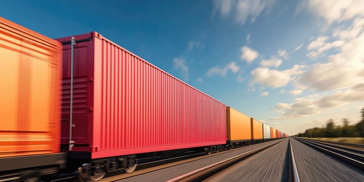 A vibrant train carrying colorful shipping containers travels along parallel tracks under a bright sky.