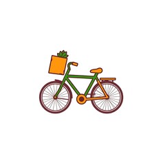 Fototapeta premium Green Bicycle with Basket: A whimsical green bicycle with a basket full of flowers, ready for a leisurely ride through the city. 