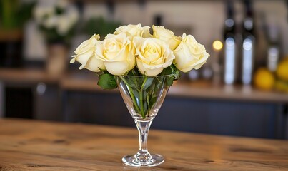 Fototapeta premium White roses in martini glass on wood counter, blurred bar background.