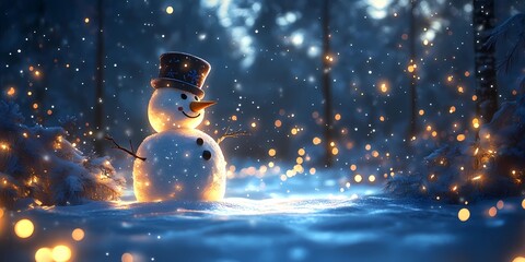 Fototapeta premium Softly blurred bokeh lights shimmering around a cheerful snowman in a peaceful snowy scene, style book illustration