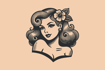 Retro pin-up style woman with flower and vintage tattoo design