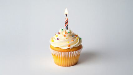 A small New Years cupcake topped with creamy frosting and a festive candle, set against a clean white background