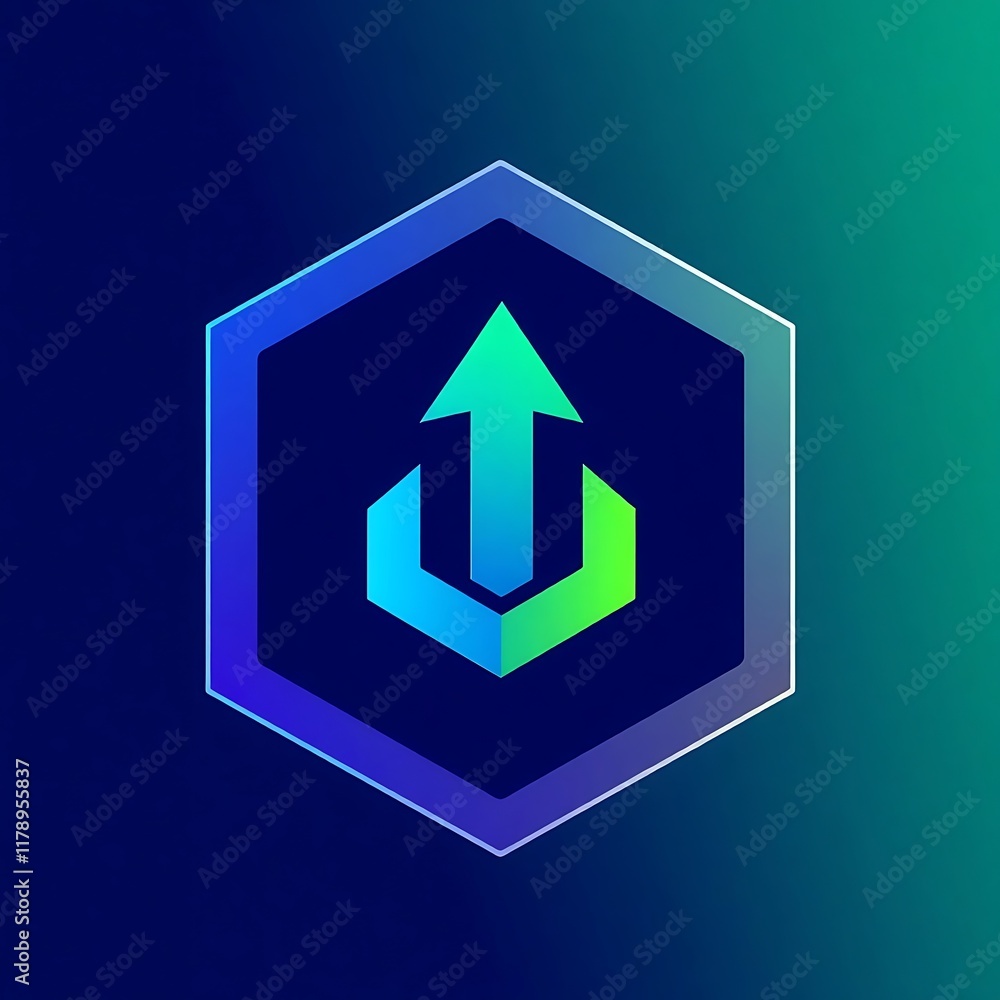 Aufkleber abstract hexagon logo: a vibrant and dynamic hexagon with a gradient green and blue arrow pointing u