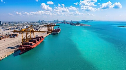 Fototapeta premium A vibrant port scene featuring cargo ships and cranes along a turquoise waterway under a bright blue sky.
