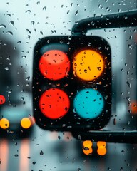 Obraz premium Rainy Day Traffic Light View Through Wet Window Red Yellow Green Lights