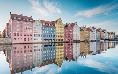 Fototapeta premium Gdansk Waterfront, Poland Colorful houses reflected in calm water at sunrise.