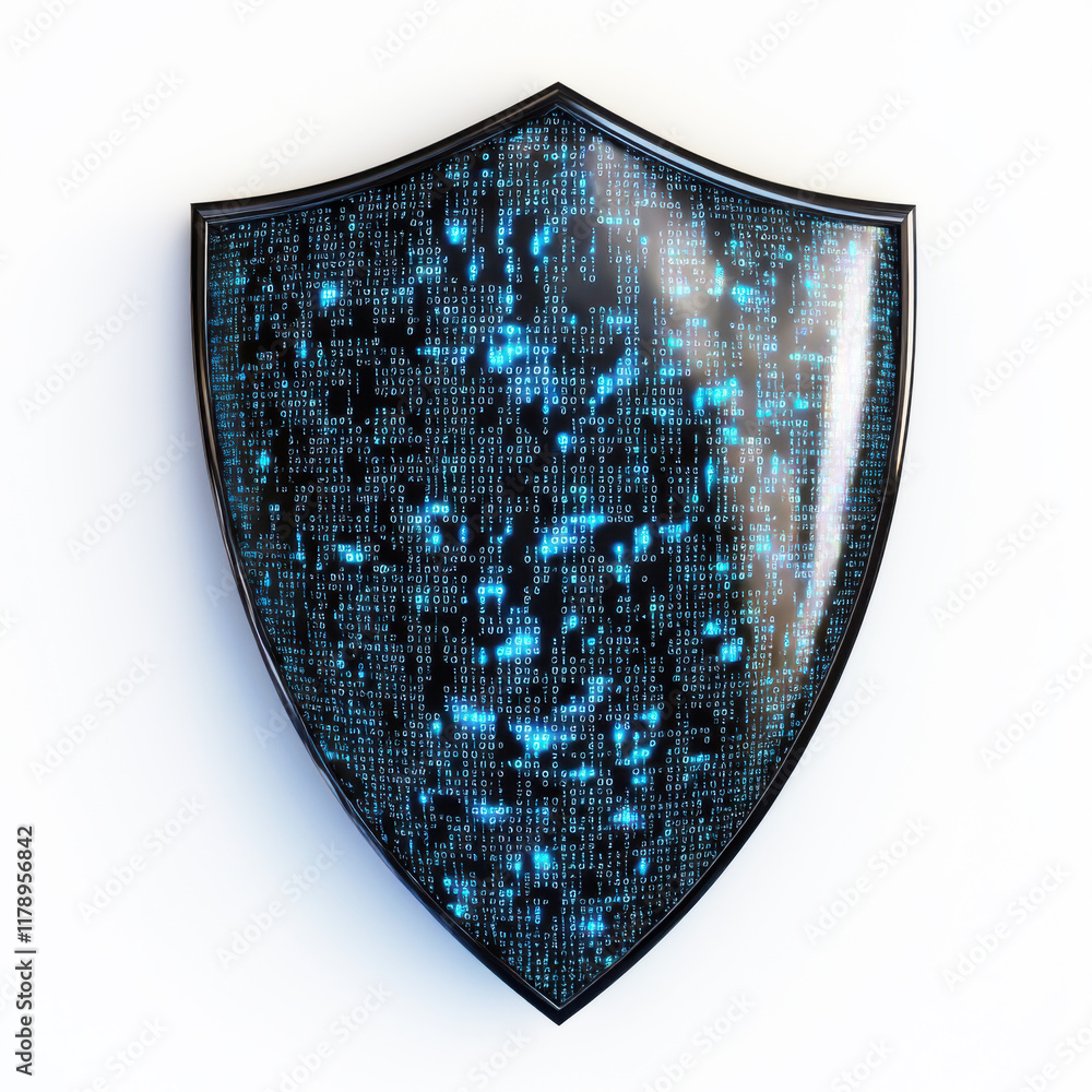 Poster digital shield design featuring binary code and glowing blue accents for cybersecurity themes