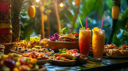 A vibrant jungle picnic fast food setup with exotic fruit drinks