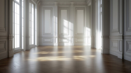 Fototapeta premium Sunlight illuminating classic white room with parquet flooring
