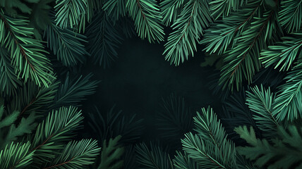 Banner with Dense green pine foliage texture, dark moody fir tree branches background
