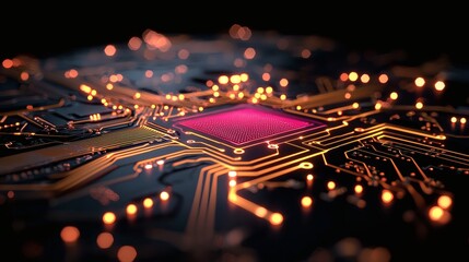 Circuitry Glow: A mesmerizing close-up of a glowing circuit board, showcasing the intricate network of pathways and the central processor, radiating vibrant light in an abstract, futuristic design.