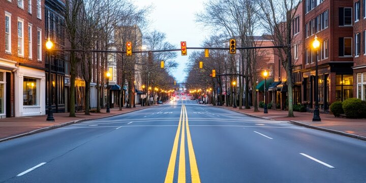 Fototapeta A serene urban street view at dawn, showcasing lighted shops and traffic signals, Ideal for city planning, tourism promotion, or as a backdrop for lifestyle articles,