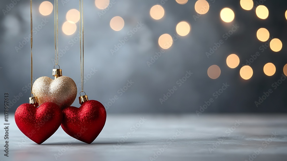 Poster festive red and gold heart shaped christmas ornaments hanging on a string against a blurred backgrou