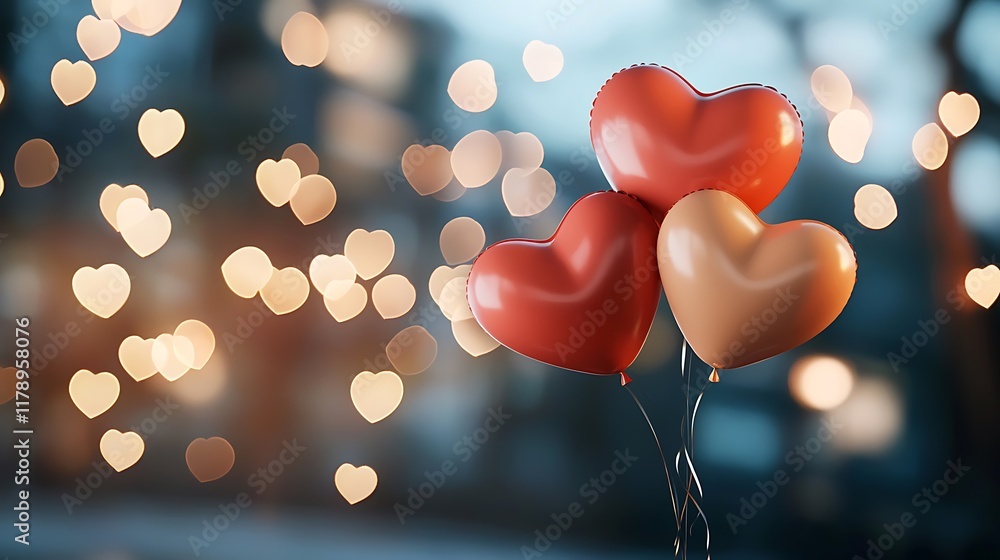 Poster floating heart shaped balloons glowing in warm soft light with a dreamy bokeh filled background crea