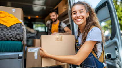 Smiling delivery woman loading boxes into a van with her colleague