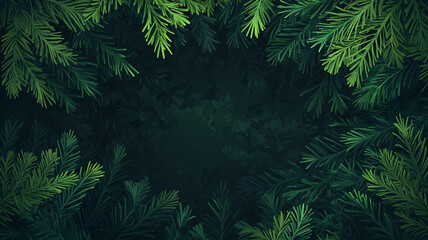 Banner with Dense green pine foliage texture, dark moody fir tree branches background