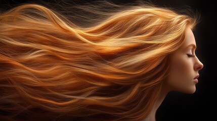 A profile of a woman with flowing red hair against a dark background.