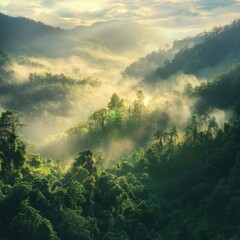 Fototapeta premium Misty mountain landscape with lush greenery and dramatic light during early morning hours in a tropical forest